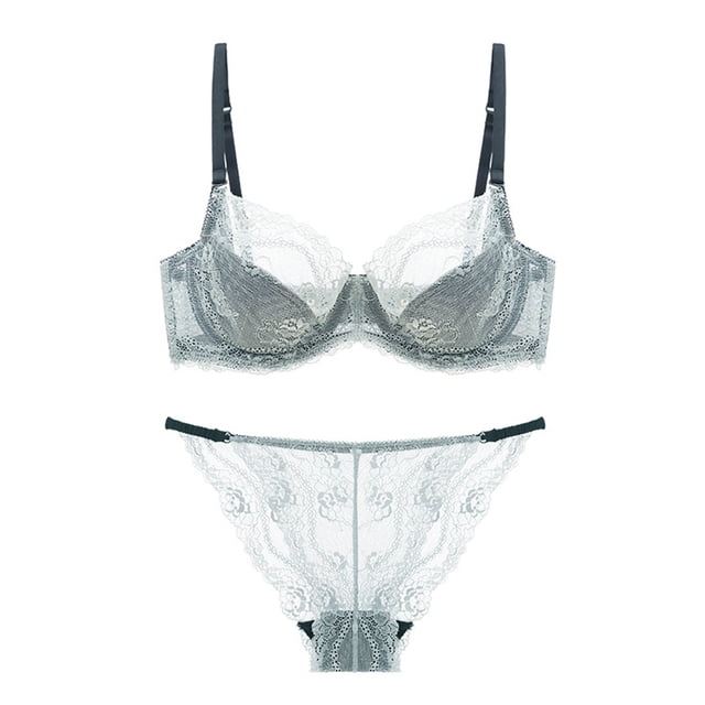 Gibobby Conjunto Lencería Tanga Y Bralette Pantalones cortos de ropa interior de encaje sexy para mujer con conjunto de sujetador transpirable de pecho lateral(Gris, 70B)