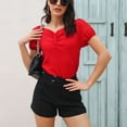 thumbnail image 3 of Women Puff Sleeve Top V Neck Short Sleeve Pleated Front Button Slim Fit Simple Plain Pattern Summer T Shirt Red XL, 3 of 7