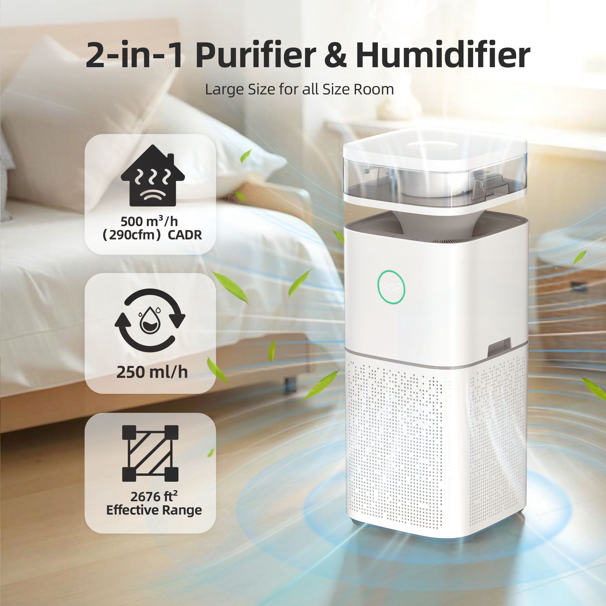 KISSAIR Air Purifier with Humidifier(CARB), H13 True HEPA Filte Air Cleaner, Max Room Capacity 2676 Sq.ft