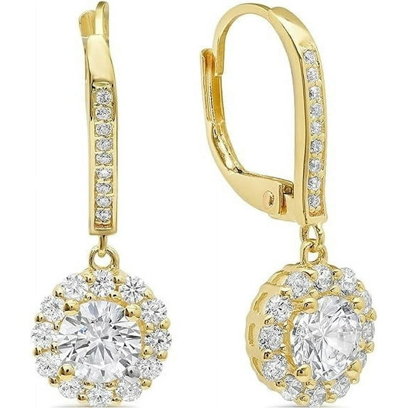 beryl_creation 925 Sterling Silver 3.45Ctw Round Cut White Moissanite Leverback Drop & Dangle Earrings 14K Yellow Gold Plated Silver