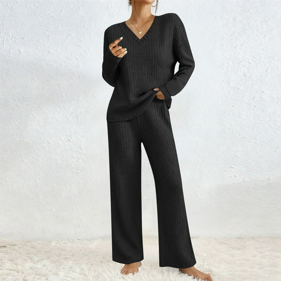Women 2 Piece Loungewear Knit Sets Soft Casual Long Sleeve Pullover Tops Loose Pants Matching Set Fall Spring Sweater Outfits Black M