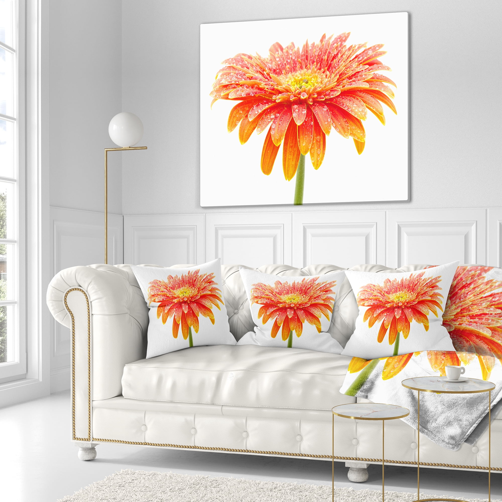 Designart Large Orange Gerbera on White - Floral Throw Pillow - 18x18