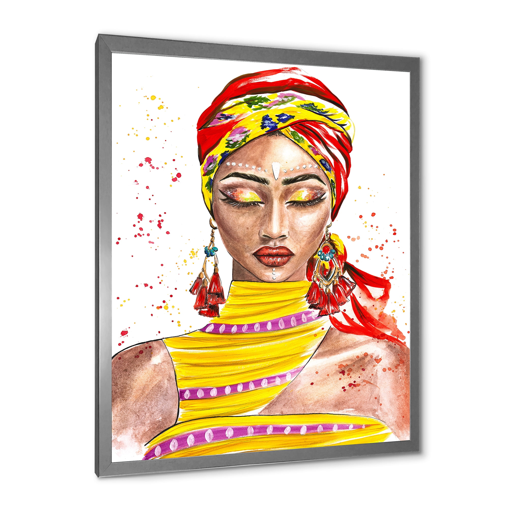 Designart 'Exotic Colorful Portrait of Afro American Woman' Traditional Framed Art Print