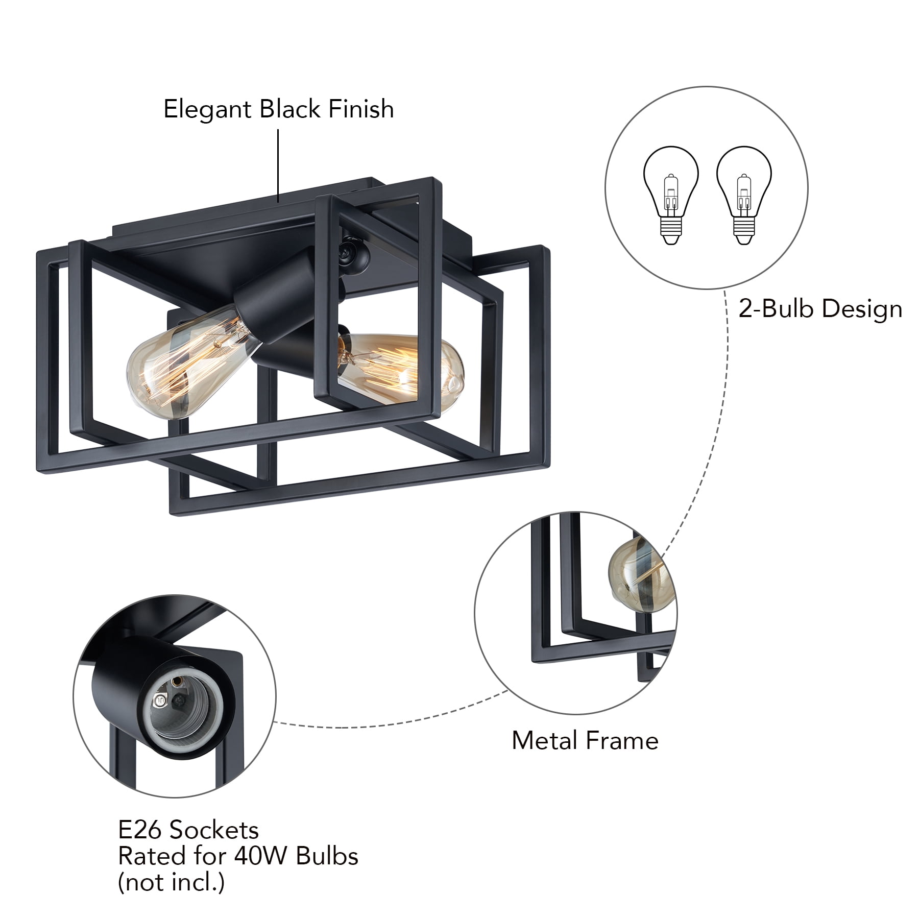 Square Flush Mount Ceiling Light Fixture with Open Geometric Metal Frame for 2 Bulbs up to 40W Each, Matte Black