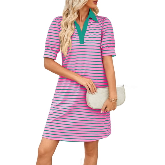 Women'S Summer Casual Striped V Neck Short Sleeve Flowy A Line Mini Dresses Pink Green M