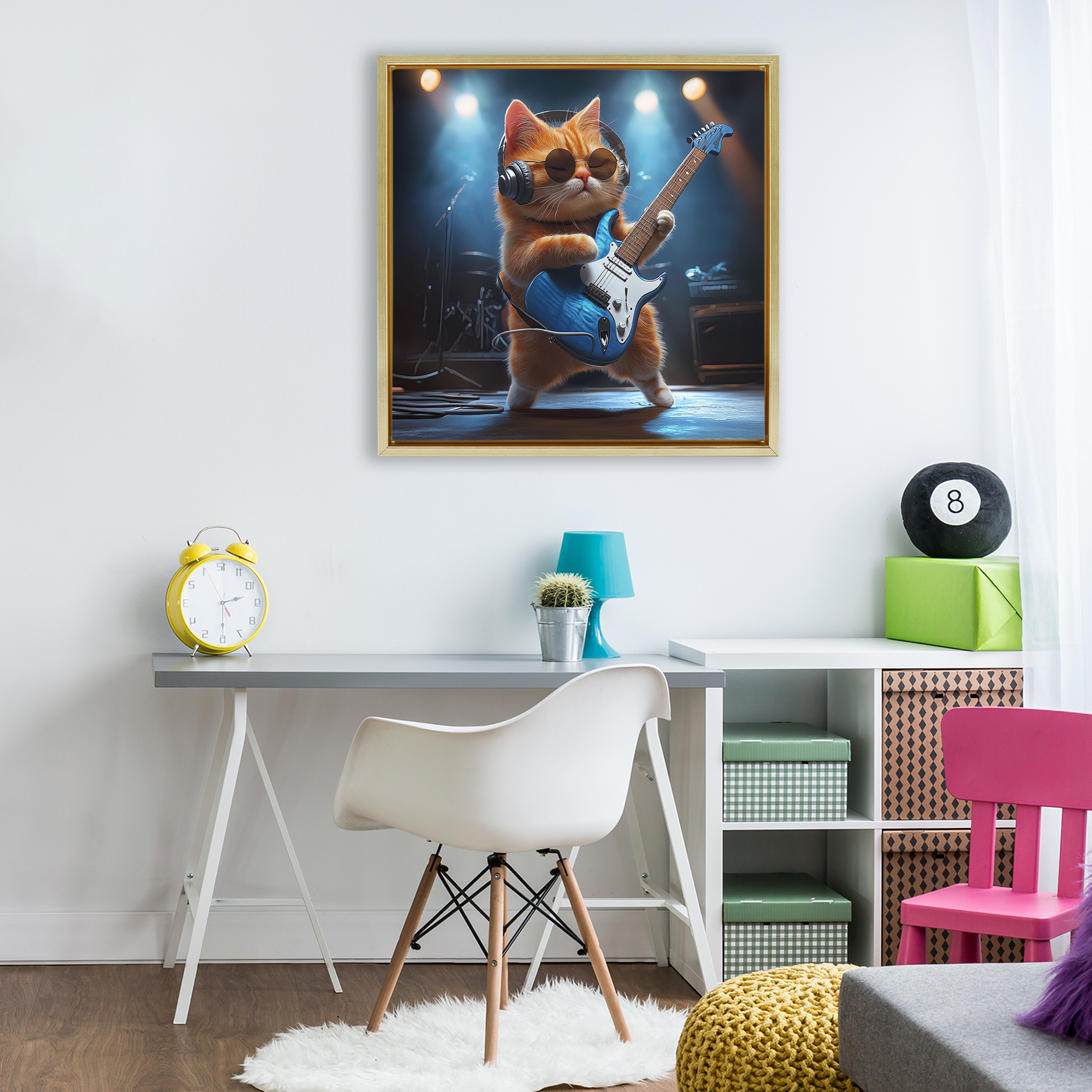 Cat Guitarist in Band Gold Framed Floater Canvas Wall Art, design by Jim Baldwin