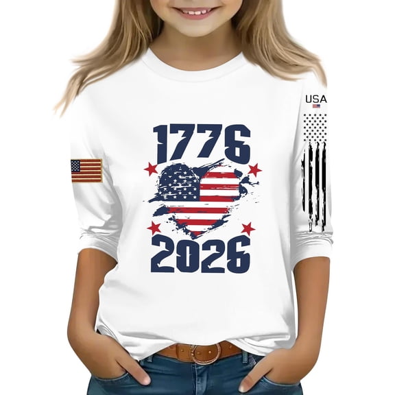 CCRFTGI American 4th of July Tops for Kids Girls Size 8 USA Shirts Funny 3/4 Sleeve 1776-2026 American Flag Heart Summer Freedom Tunic Blouses Independence Day Girls Fashion Outfit White 5-6 Years
