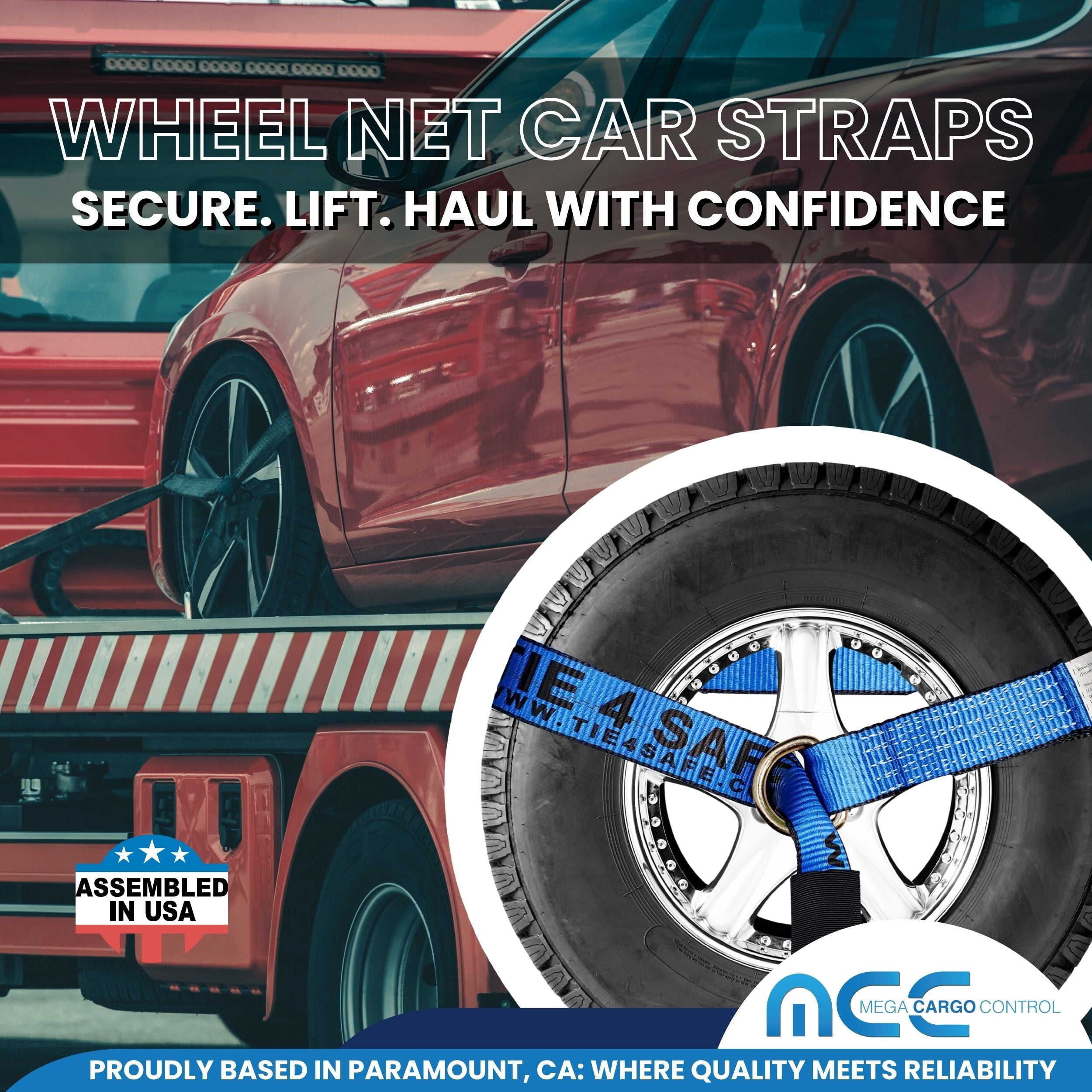 Mega Cargo Control Side Mount Wheel Net Straps with Swivel J Hook Ratchet Buckles, 2" x 10' D-Ring Lasso Strap, 4 Pack, Blue