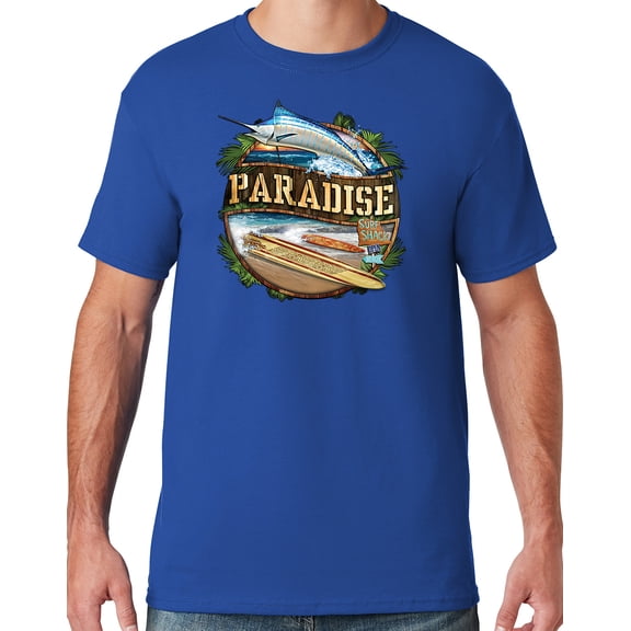 Mens Manu Bay Surf Company PARADISE SURF SHACK MARLIN T-shirt, Large Royal Blue