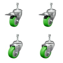 3.5 Inch SS Green Poly 3/8 Inch Threaded Stem Caster Set 2 Total Lock Brake SCC