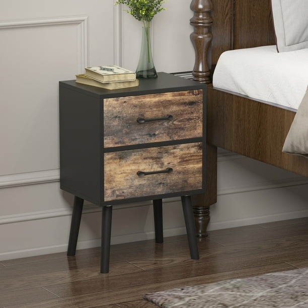 Mikolo Mid-Century Modern Nightstand, Bedside Table with 2 Distressed