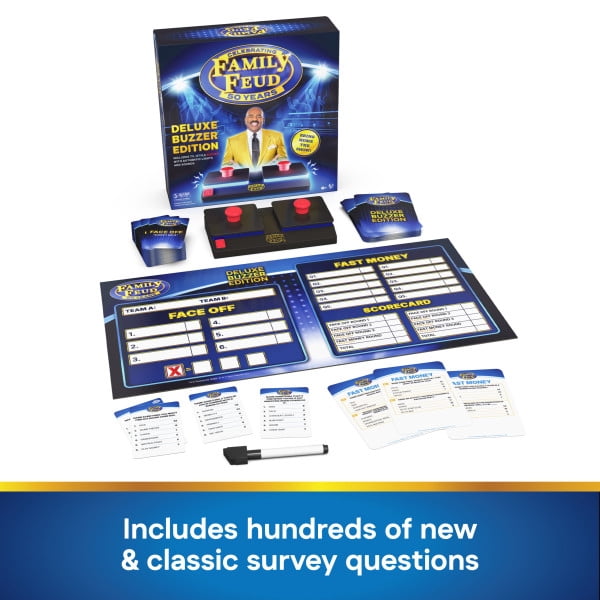 Spin Master Games, Family Feud: Deluxe Buzzer Edition, 50th Anniversary, Classic Survey Says Guessing Game for Family Game Night, Includes 2 Buzzers with Lights & Sounds, 3+ Players, for Ages 8 & Up