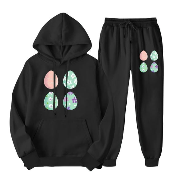BLTIBY Women's 2 Piece Easter Tracksuit Sweatsuits Sets Long Sleeve Hoodie Sweatshirt and Jogging Sweatpants Suit Printed Drawstring Outfits with Pockets 2025 Black L