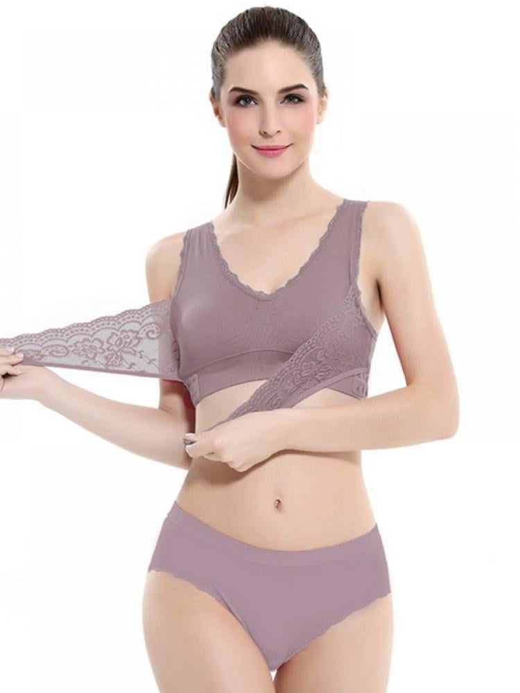 Women Front Buckle Vest Bra Adjustable Lace Embroidery Breathable Soft Underwear 