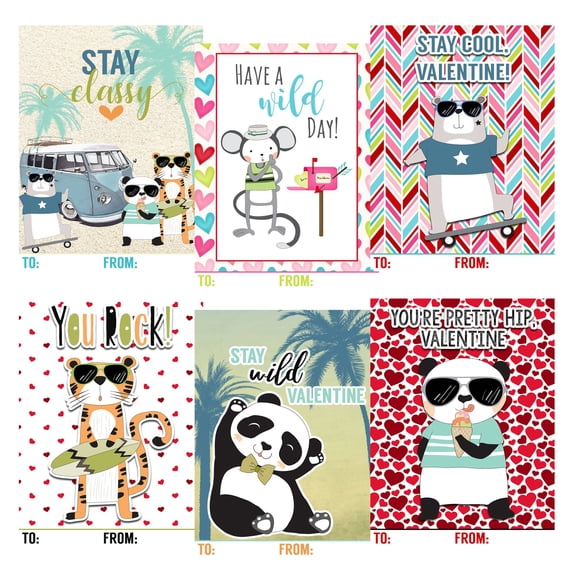 Silly Goose Gifts Cool Dude Skateboard Animal Themed Valentine Day Classroom Sharing Cards (Set of 24) Valentine's Tropical Jungle Bear Exchange Kids