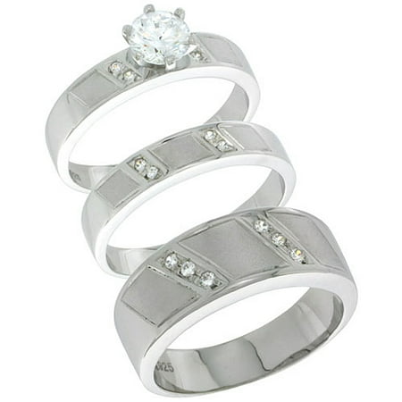 Sterling Silver Cubic Zirconia Trio Engagement Wedding 