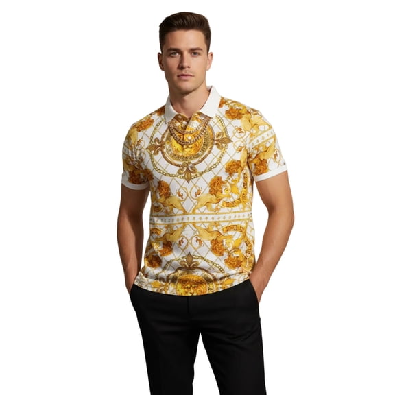 Mens PLATINI Sports Polo Shirt With Rhine Stones Lion Medallion DPP8246 White