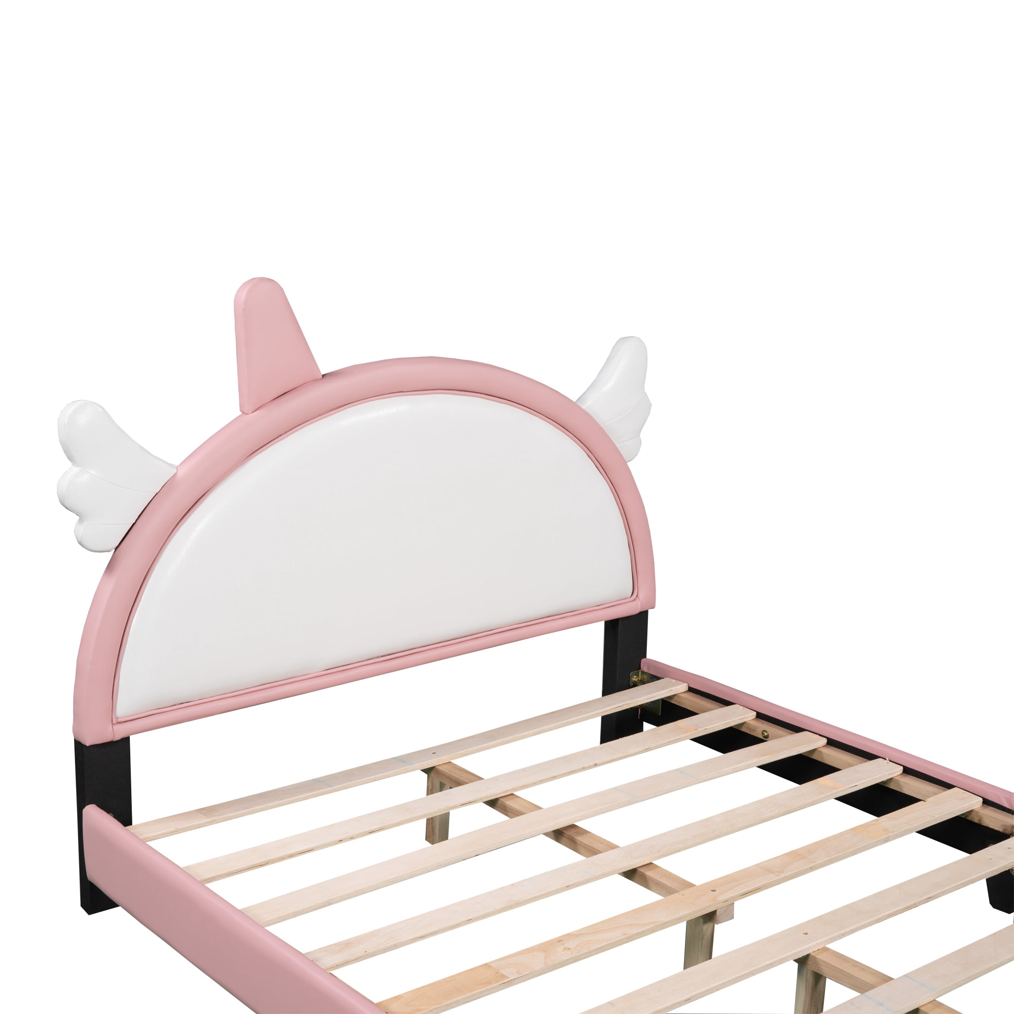 DEALTOPS Full Size Upholstered Bed with Unicorn Shape Headboard, Cute Platform Bed for Kids Teen, Pink