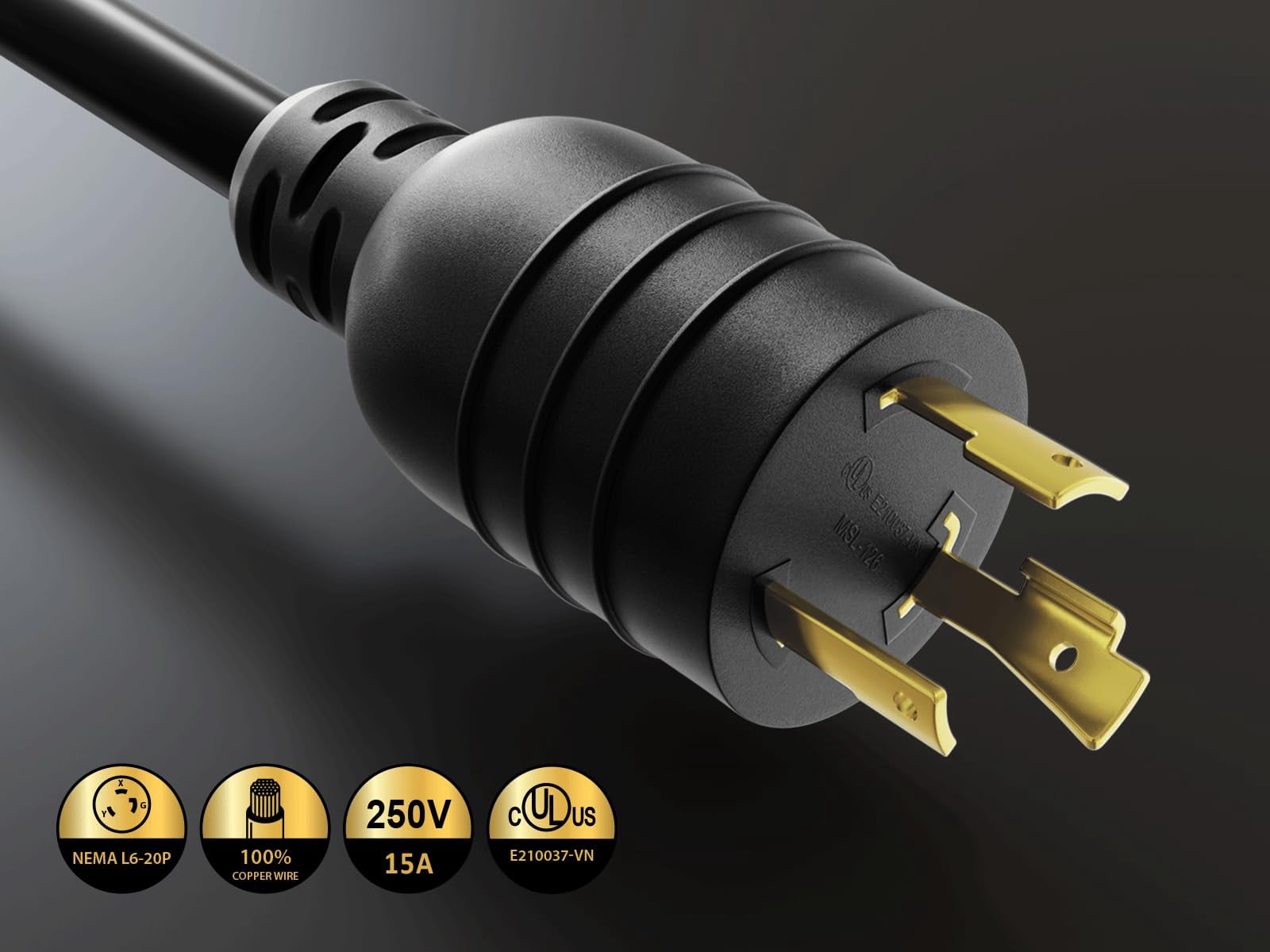 Cable Leader 8ft NEMA L6-20P to C13 Heavy-Duty Locking Power Cord 14 AWG, Black