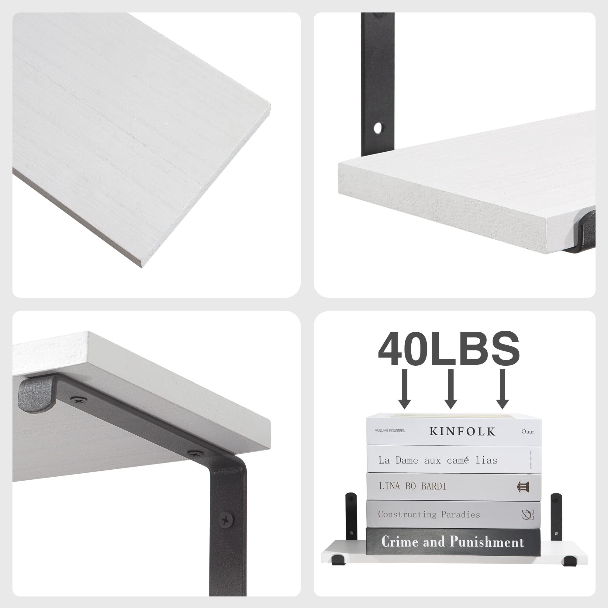 Afuly White Floating Shelves for Wall Hanging Shelves over Toilet Set of 2, 16in Wooden Decorative Shelves Wall Mounted with Black Brackets for Bathroom Bedroom Living Room