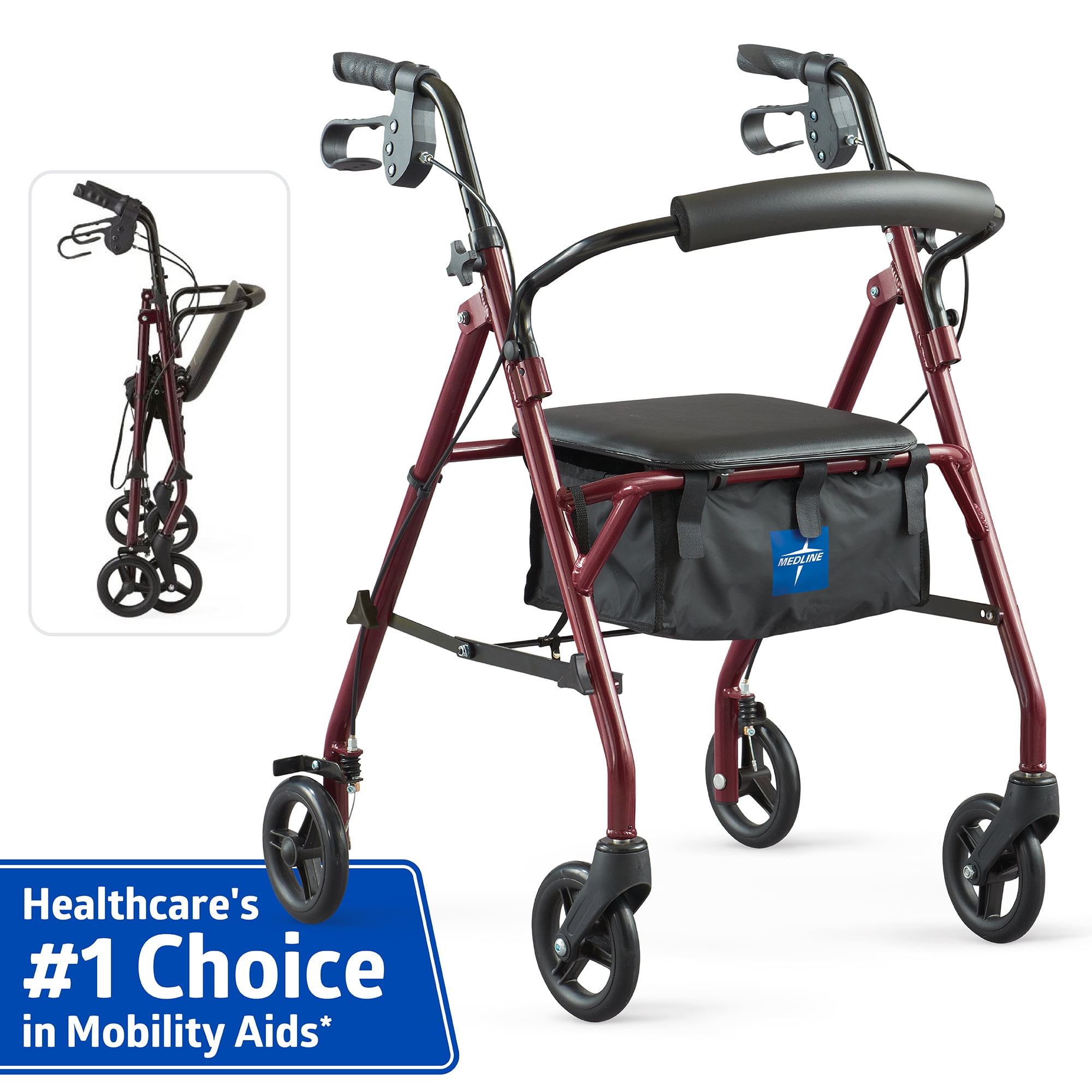 Medline Steel Rollator Walker with Seat, Burgundy, 350 lb. Weight Capacity, 6” Wheels, Foldable, Adjustable Handles, Rolling Walker for Seniors, Walker for Mobility Impaired