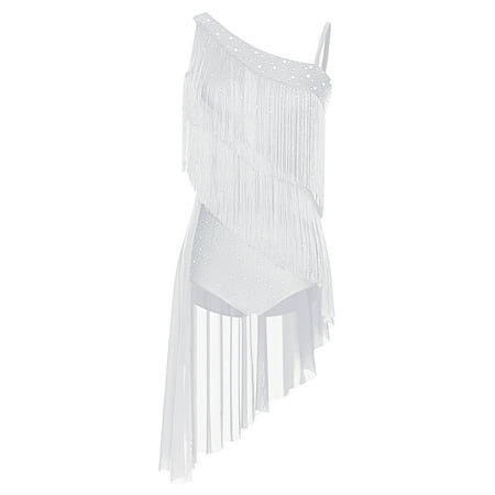 SiiRoh Latin Dance Dress for Women Asymmetrical Shoulder Fringe Skirted Leotard Samba Ballroom Dancing White L