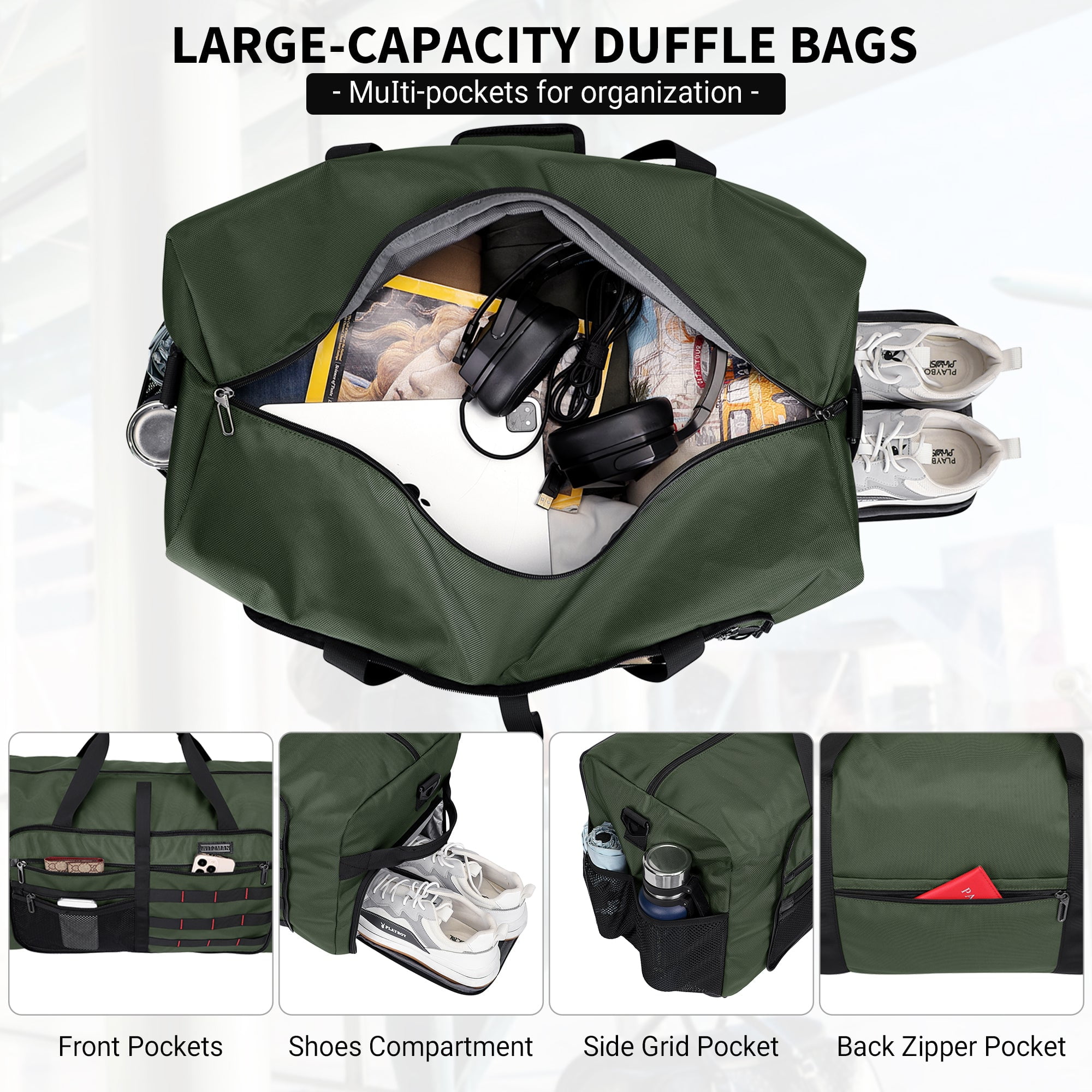 WITZMAN Foldable Duffle Bag for Travel 65L Lightweight Packable Duffel Bag with Shoes Compartment Overnight Bag for Men Women (B697 Army Green)