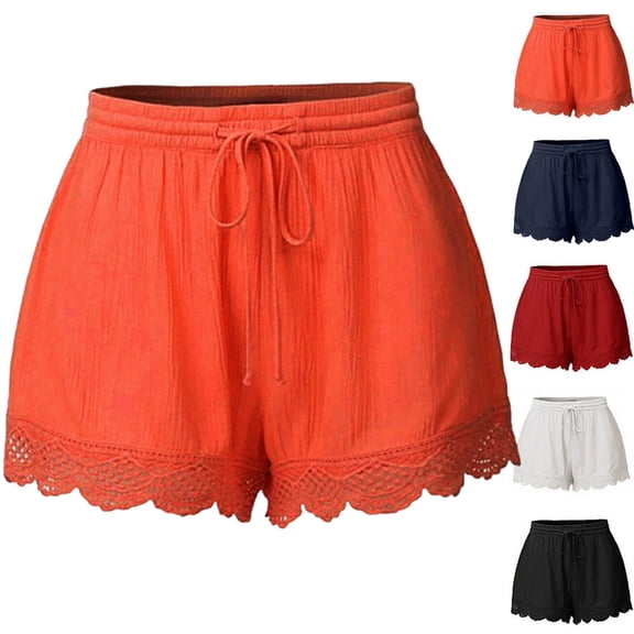 Gamivast Shorts for Women Crochet Trim High Waisted Loose Flowy Shorts Drawstring Casual Elastic Wasit Ruffle Shorts Lightweight Summer Beach Wear