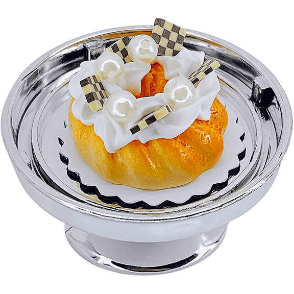 Loches Lynn K1197 Artificial Handcrafted Mini Fake Pearl Chocolate Chip Cookie Cream Donut Cake with Silver Stand Plate   Dome, Gift Home Decor, Refrigerator Magnet, Model, Replica