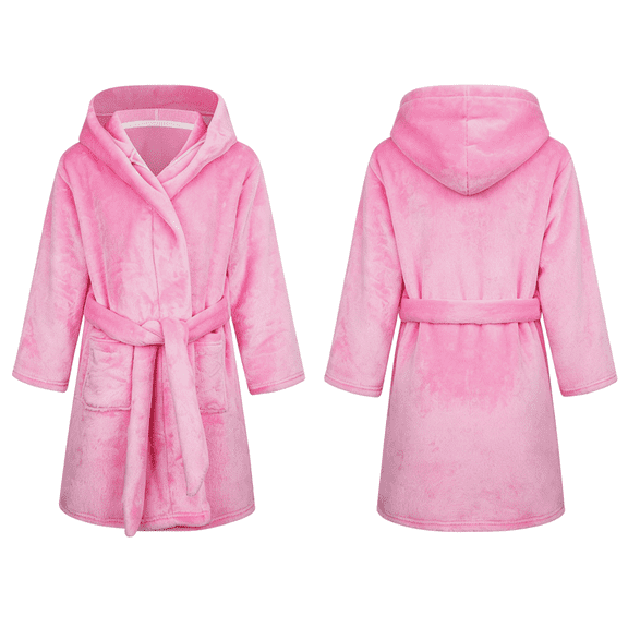 LYMAYTER Hooded Bathrobes for 2-12Y Toddler Girls Loose Solid Robe Soft Warm Kimono Robe With Belt Flannel Bathrobe