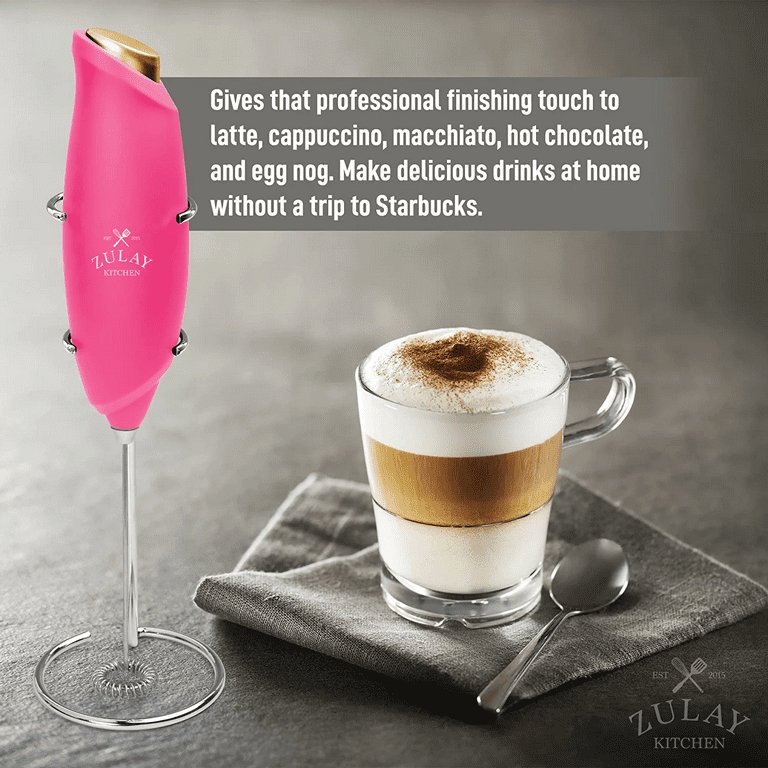 Zulay Kitchen One-Touch Milk Frother for Coffee Easy-Use Handheld Frother -  Hot Pink, Gold Button