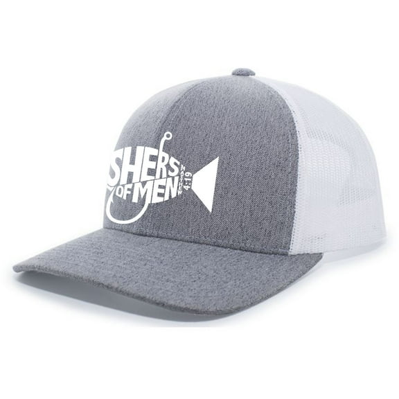 Christian Jesus Fishers of Men Matthew 4:19 Mens Embroidered Mesh Back Trucker Hat, Heaher Grey/White