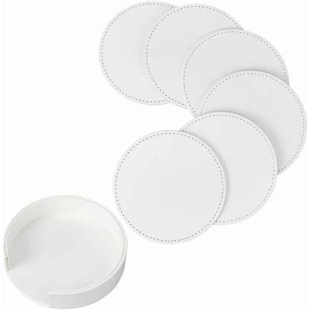 6 posavasos redondos de cuero sintético blanco de 4 pulgadas, almohadillas de aislamiento térmico antideslizantes hechas a mano con base.