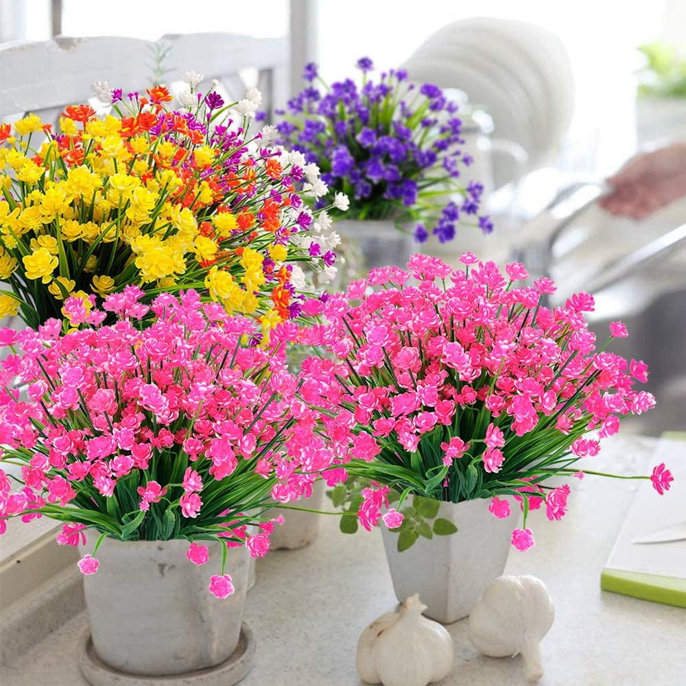 Artificial Outdoor Flowers, Fake UV Resistant Foliage Greenery Faux Plants Shrubs Plastic Bushes for Indoor Outside Hanging Planter Wedding Farmhouse Decor (Pink)