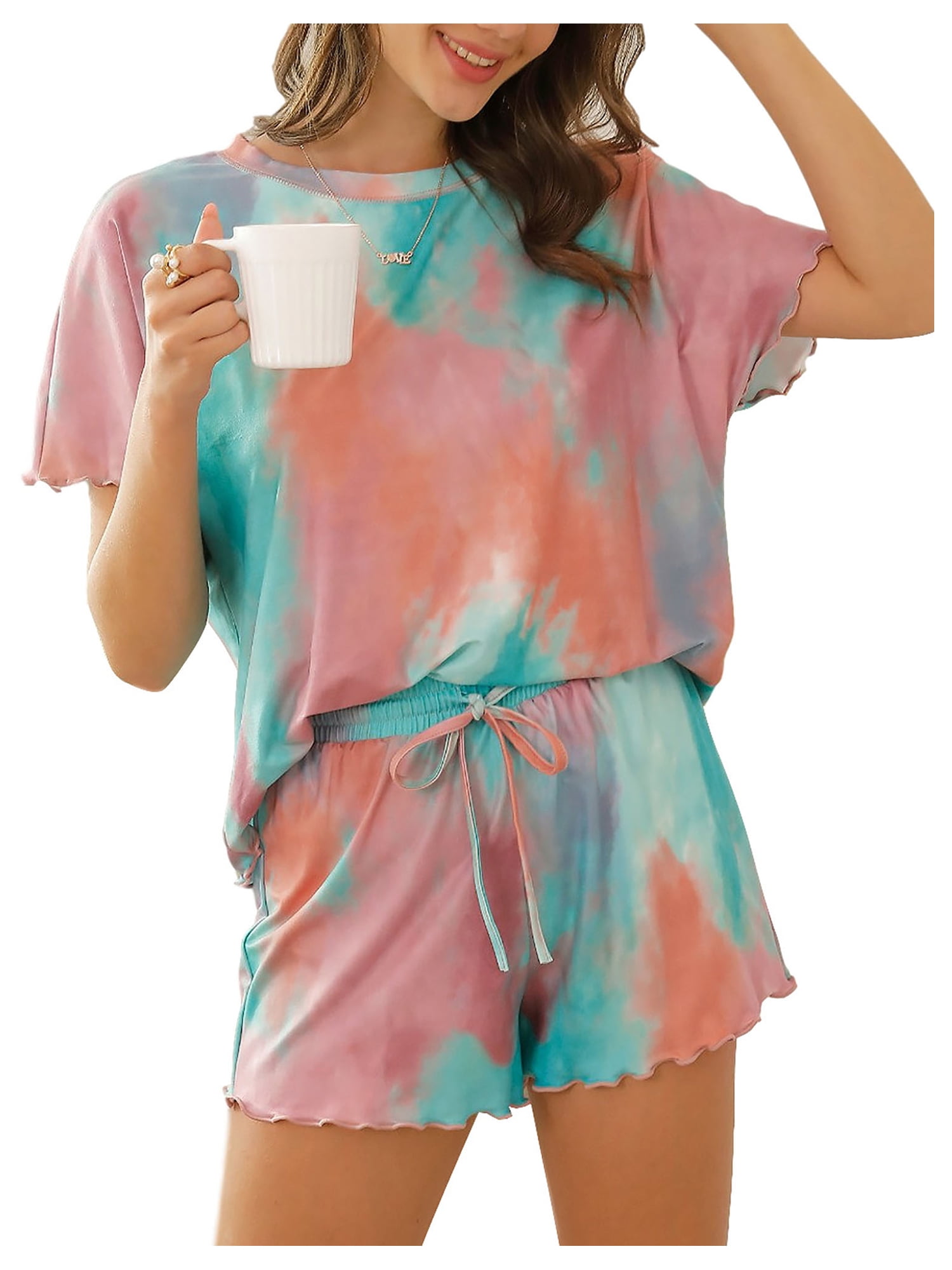 Zecilbo Women's 2 Piece Pajama Set Tie Dye Summer Short Sleeve Sleepwear Drawstring Shorts Pj Set Nightwear Loungewear 