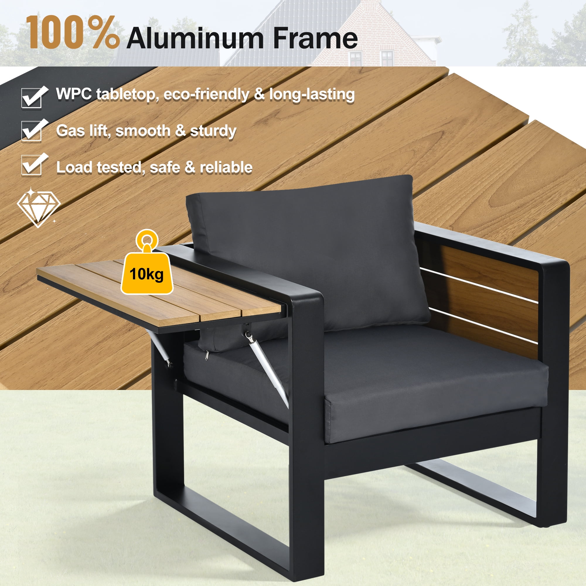 Mintazer 4 Piece Aluminum Outdoor Conversation Set with Tables & Sofa and 2 Armchairs, Modern Patio Furniture Set with Cushions for Patio Garden Balcony Backyard, Grey & Natural