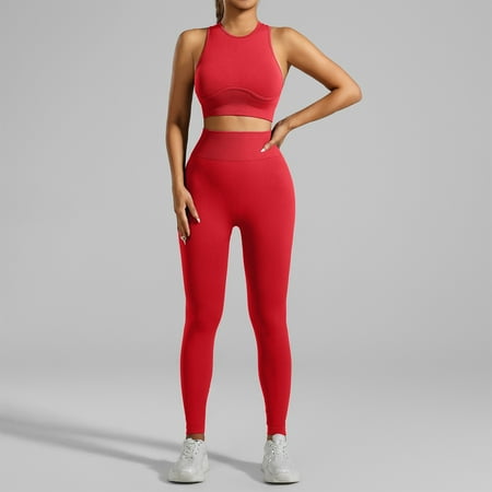 XDDLITP Workout Sets for Women 2 Piece Padded Stretchy Ribbed Sports Bra Sets Matching High Waisted Seamless Leggings Gym Yoga Outfits Red S