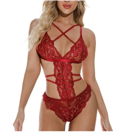 

BIZIZA Sexy Women Babydoll Bodysuit Lingerie Lace One Piece V Neck Criss Cross Criss Cross Deep Red XL