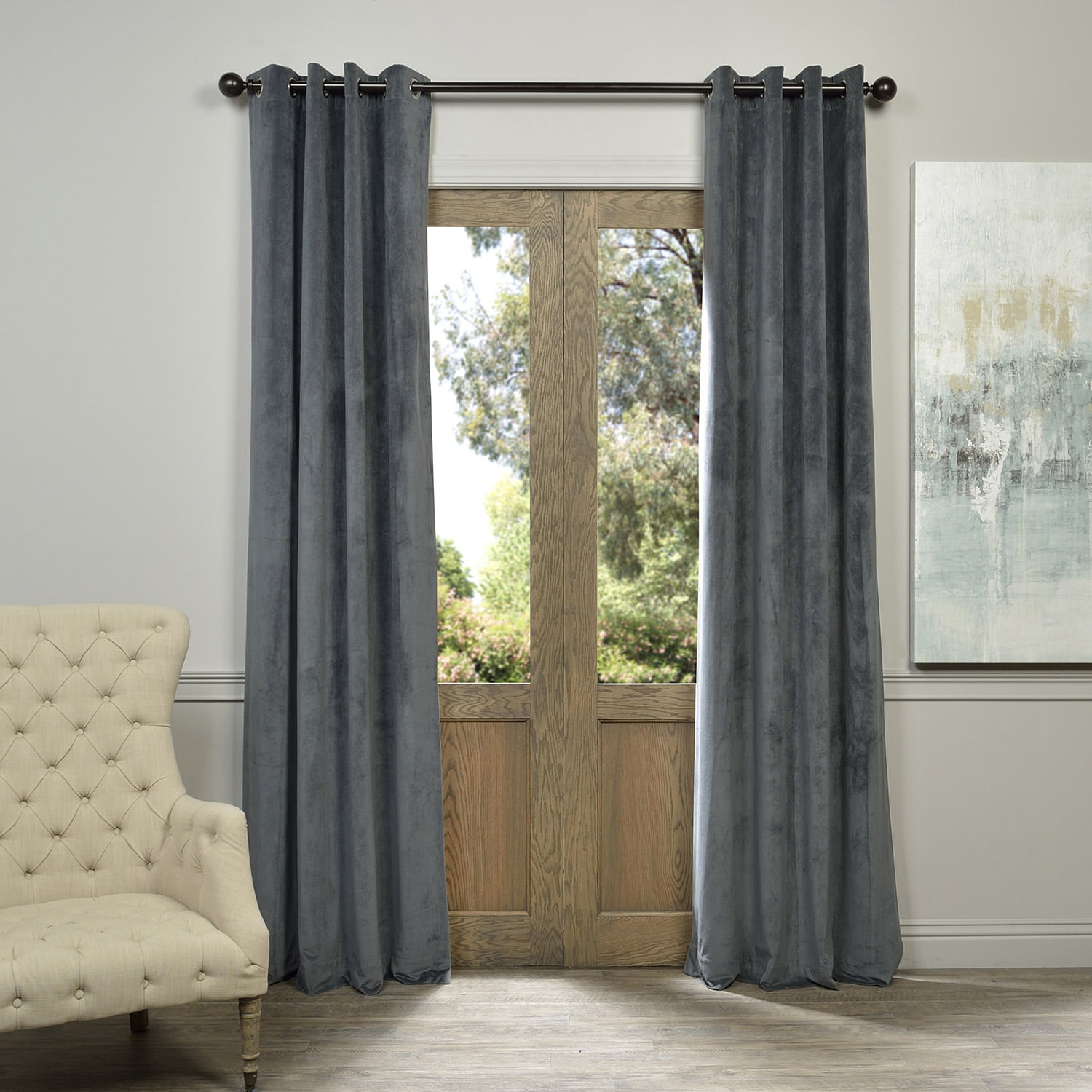 Exclusive Fabrics Natural Grey Grommet Velvet Blackout Curtain Panel