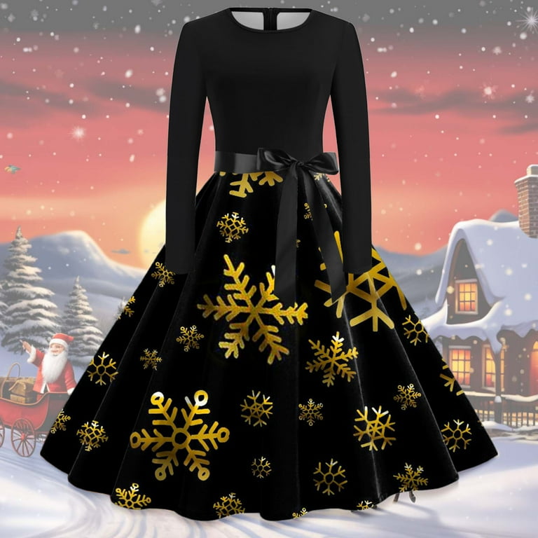 WILLBEST Summer Dresses for Women 2024 Vacation Trendy Over 50 Women Vintage Long Sleeve O Neck Christmas 1950S Housewife Evening Party Prom Party