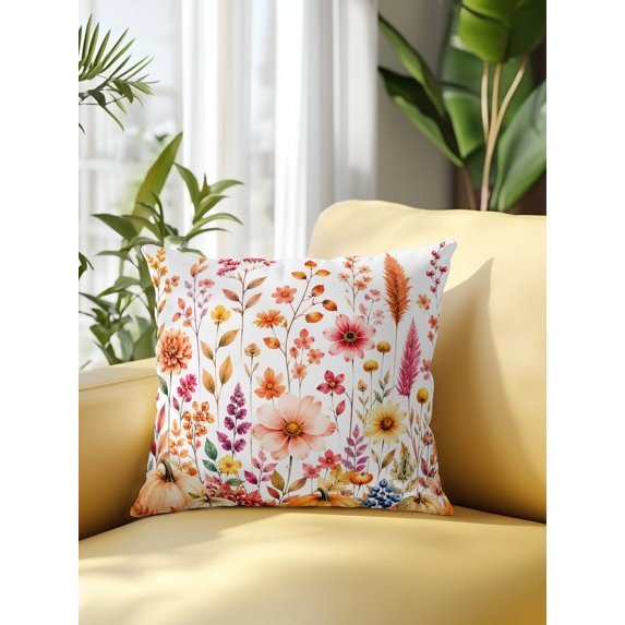 Outdoor Pillows Waterproof, Thanksgiving Fall Bedding Throw Pillows with Insert for Couch Sofa Bed, Autumn Orange Pumpkin Flowers Floral 18x18 Inch Pillowcases Decorative Patio Pillow Set of 1