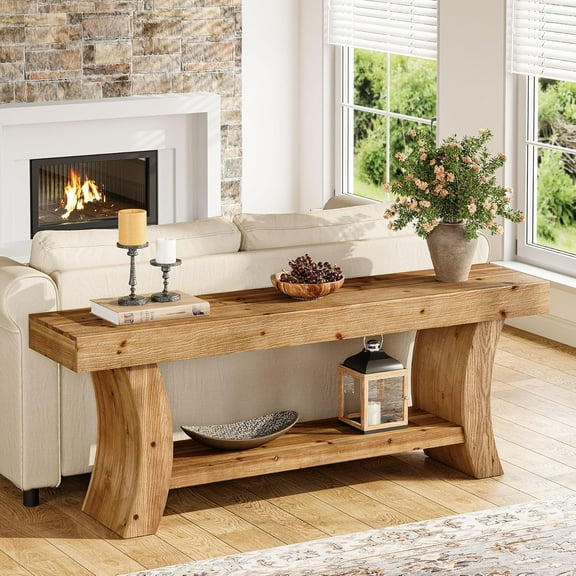 Tribesigns 63" Solid Wood Console Table,  Farmhouse 2-Tier Low TV Console for Living Room, Entryway, Hallway