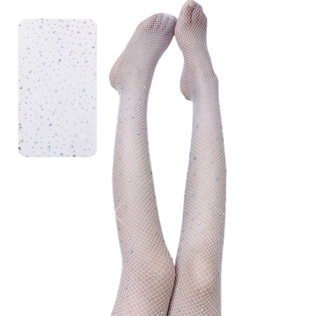 Outfmvch Collants Résille, Bas Résille Collants Collants Bas avec Strass Fins en Fibre Acrylique Collants Résille Jarretière Collants en Dentelle Blanc Taille Unique