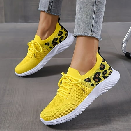 Women s Casual Sneakers  Flying Woven Leopard Pattern Breathable Lace-up Running Shoes  Women s Footwear
