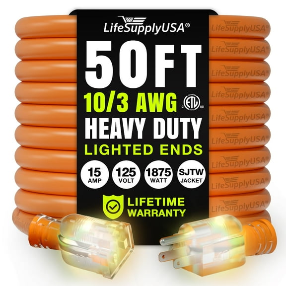 50ft Outdoor/Indoor Extension Cord 10/3 Gauge Ultra Heavy Duty 3 Prong SJTW, Waterproof, ETL Listed, Flexible Cold-Resistant Long Power Cord,15A 125V 1875W, Orange by LifeSupplyUSA