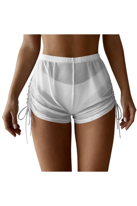 Women's Sheer Swimsuit Coverup Shorts Side Drawstrings Beach Bikini Cover Up Bottoms