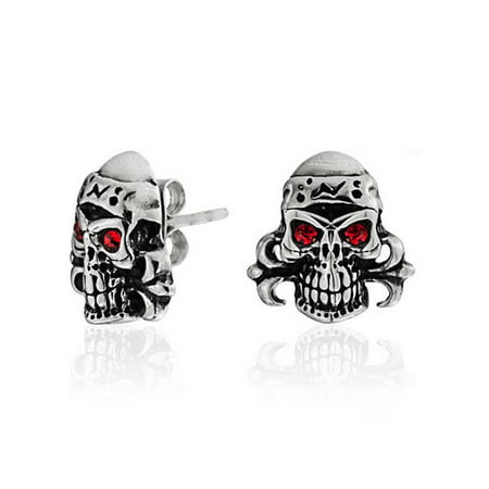 Caribbean Pirate Skull Red Crystal Eyes Stud Earrings For Men For Women Silver Tone Black Oxidized Stainless Steel
