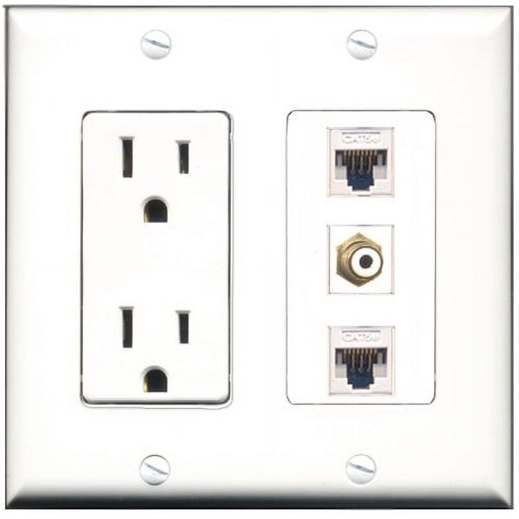 RiteAV - 15 Amp Power Outlet 1 Port RCA White 2 Port Cat5e Ethernet White Decorative Wall Plate