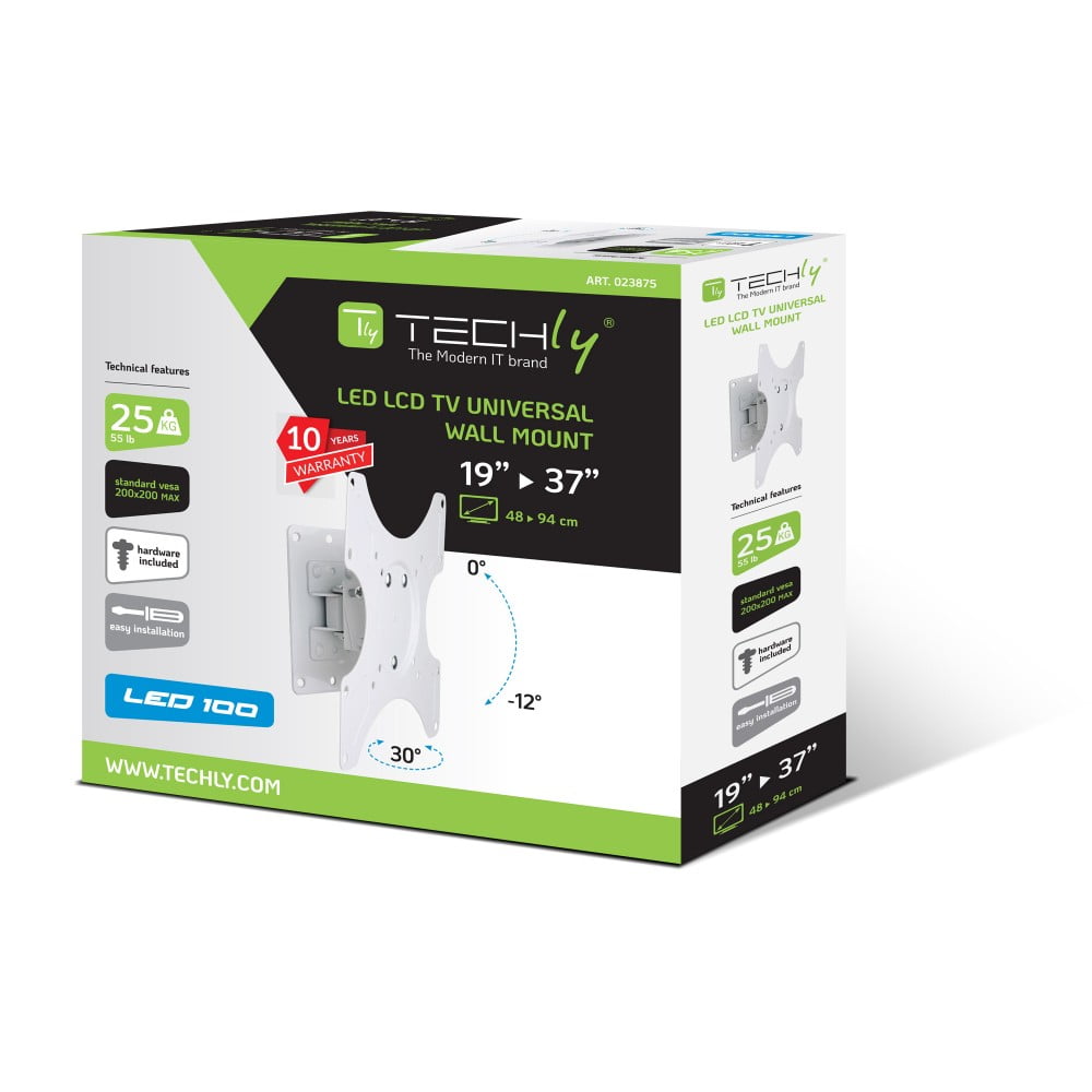 Techly Tilt & Swivel TV Wall Mount for 19" to 37" LCD/LED TVs VESA up to 200x200 mm, Holds up to 25 kg, White