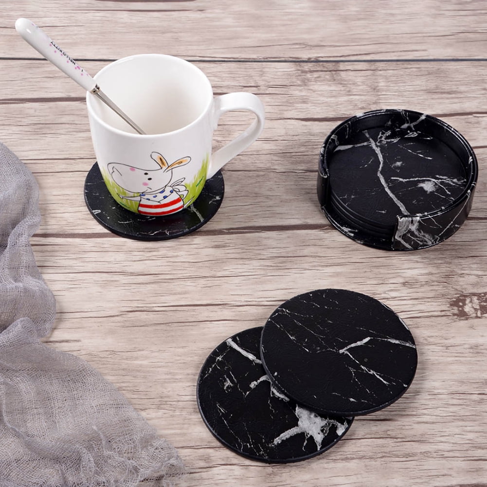 7Pcs Round Marble Coasters PU Leather Cup Mats Placemat Drink Coasters for Home